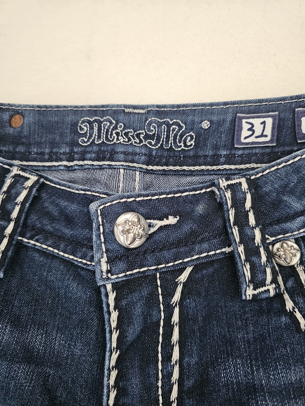 MissMe Wms Loose Saddle Stitch Border Bootcut Low-Rise Stretch Indigo Blue Sz 31 - Picture 11 of 16